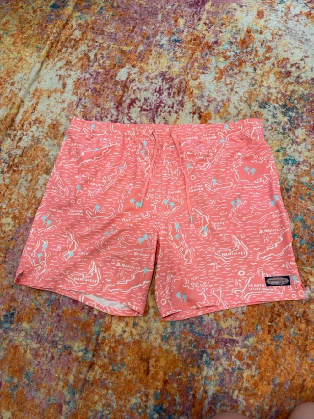Vineyard Vines Coral Pink Map Print Swim Trunks